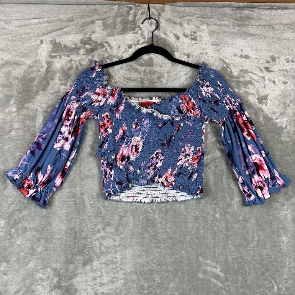 Hot Kiss Top Women's L Blue w/ Red Pink Floral Print Smocked Cross Neck